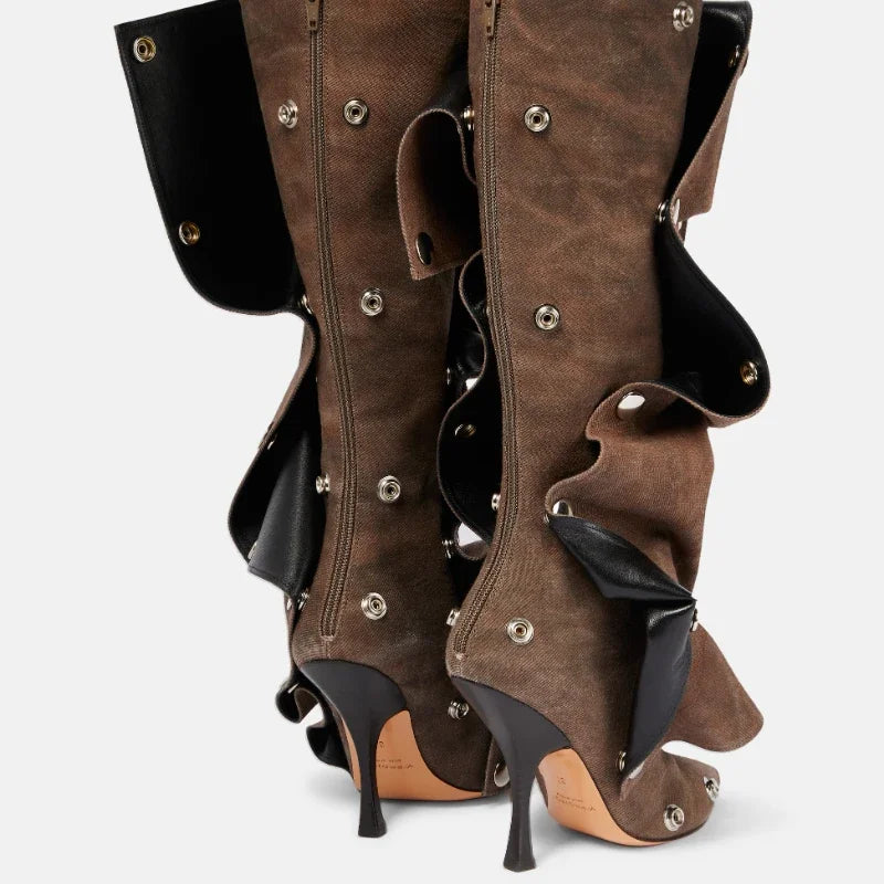 2024 Metal Buckle Detachable Denim Boots 10cm High Heel Boots 35-45 Internet Red Model Fashion Walking Red Carpet Thigh Boots