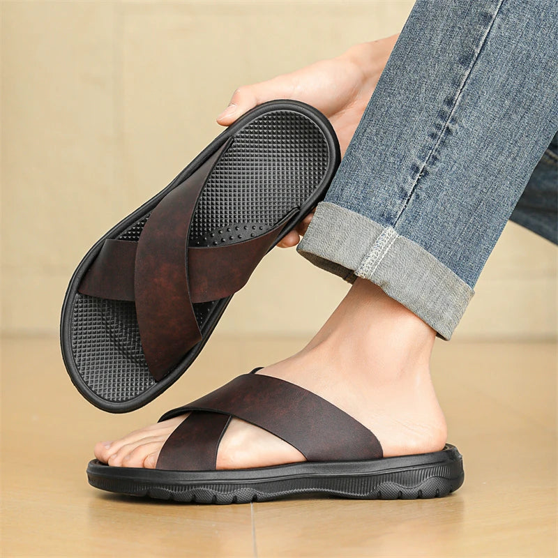 YRZL Men Casual Sandals Lightweight Comfortable PU Leather Summer Slippers Non Slip Outdoor Shoes for Beach Walking Flip Flops