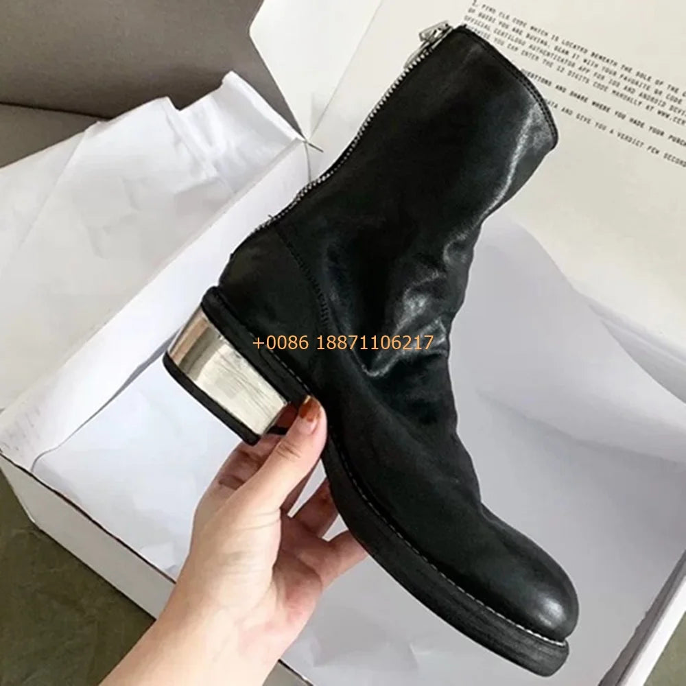 Genuine Leather Sexy Ladies Chelsea Boots 2025 Spring New Round Thick Heel Short Boots Solid Color Fashion Zipper Casual Boots