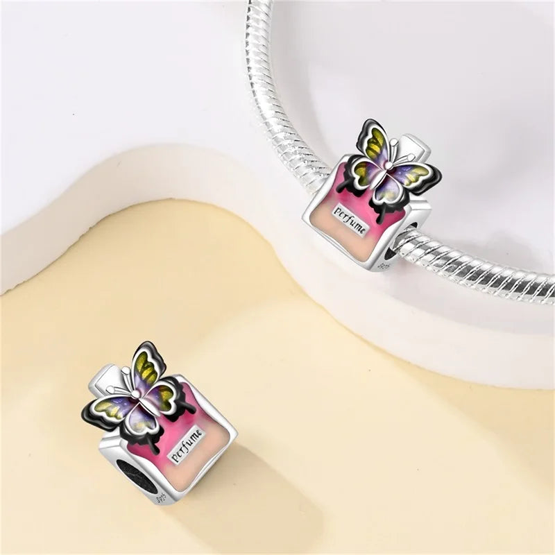 Original S925 Silver Romantic Pink Crown Perfume Bottle Charms Beads Fit Qikaola Bracelets Fine DIY Jewelry Valentine's Day Gift