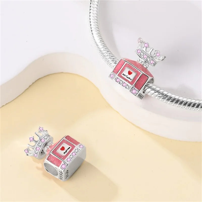 Original S925 Silver Romantic Pink Crown Perfume Bottle Charms Beads Fit Qikaola Bracelets Fine DIY Jewelry Valentine's Day Gift
