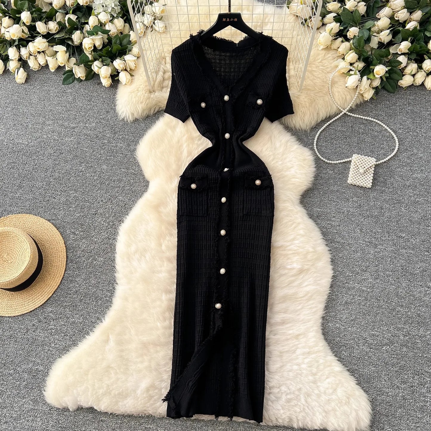 YuooMuoo Women Dress Elegant V-neck Slim Waist Wrap Hips Bodycon Sweater Dress Chic Single-breasted Office Lady Long Shirt Dress