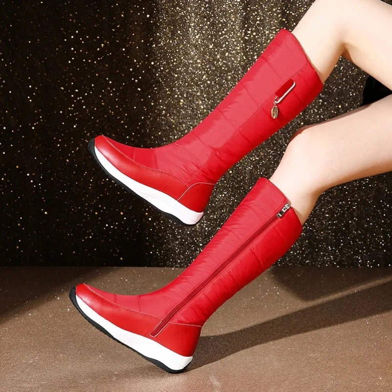 2025  Women Snow Boots Waterproof Down Plush Genuine Leather Red White Casual Travel Ladies Flat Heels Platform Knee High Boots