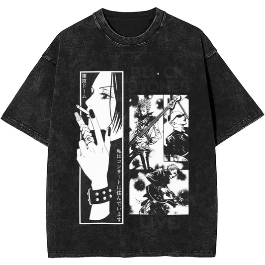 Men's Women Manga Black Stones Nana Vintage Washed T Shirts Trendy Tee Couple Summer Aesthetic Casual Clothing Hip Hop Oversized