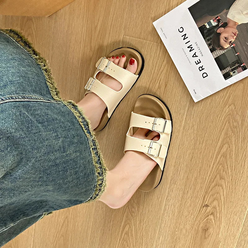 Women's Belted Sandals Roman Style PVC Material Open Toe Metal Decorated Flat Heels Spring Summer Outdoor Wear Fashionable Versa