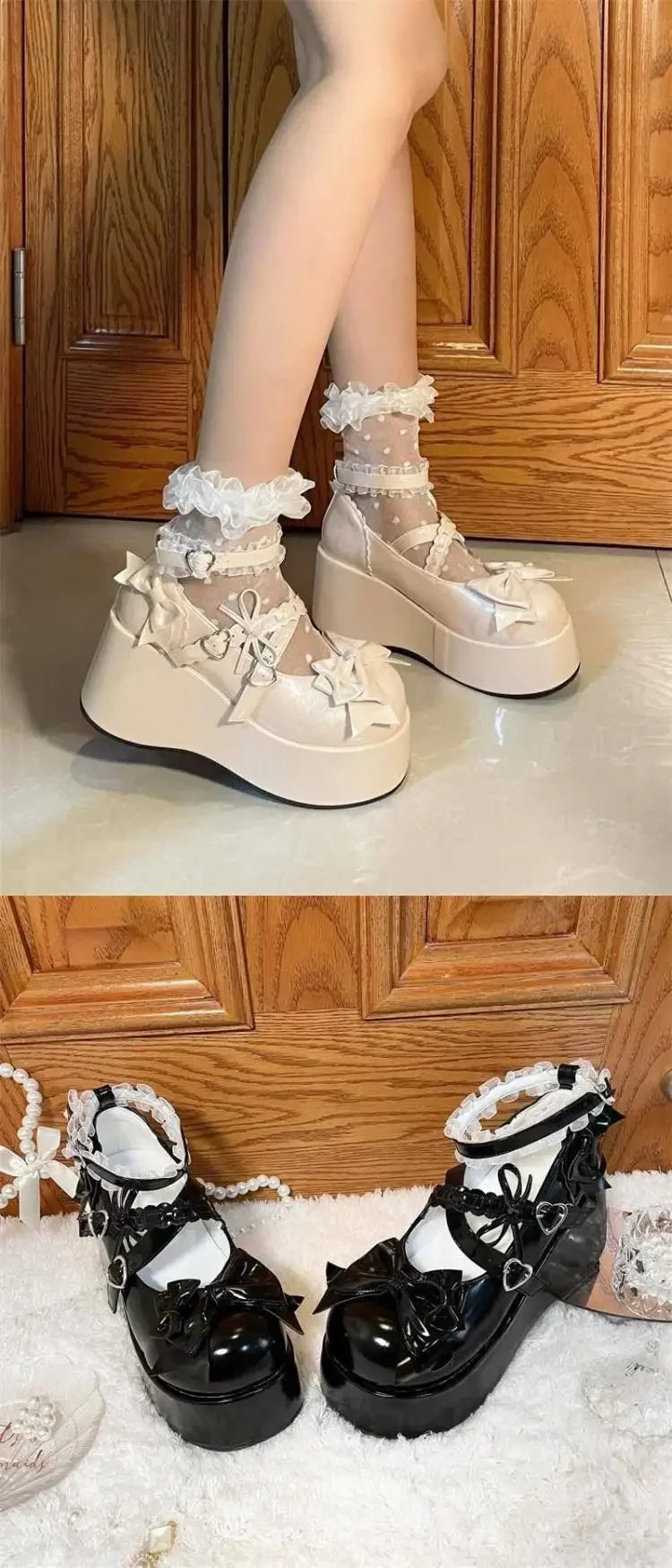 Lace Bowknot White Lolita Shoes for Women 2025 Heart Buckle Platform Mary Janes Woman Japanese Style Patent Leather Jk Shoes