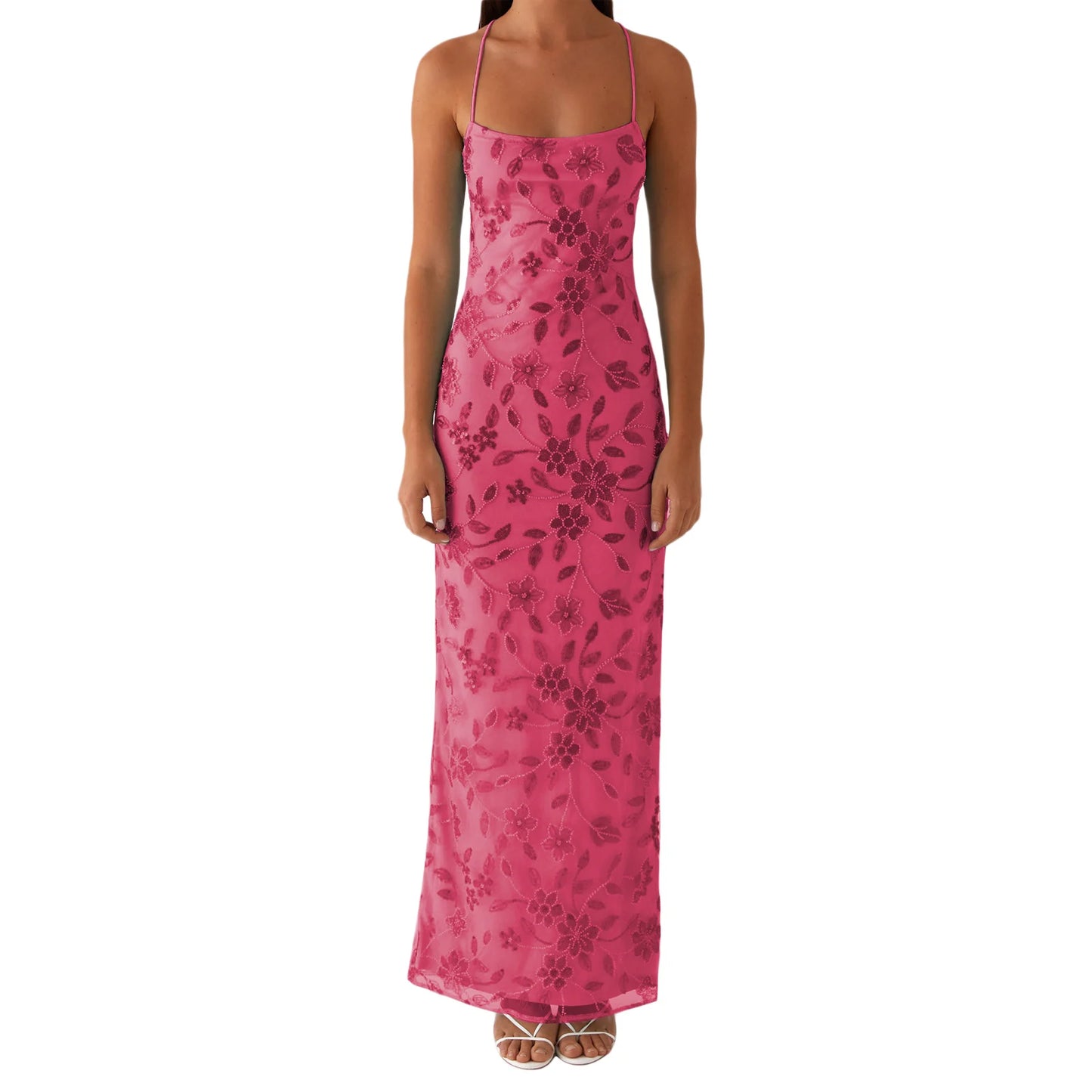 2025 Women Beaded Flower Cami Dress Slim Glitter Sequin High Split Spaghetti Strap Open Back Long Dress for Party Club Vestidos