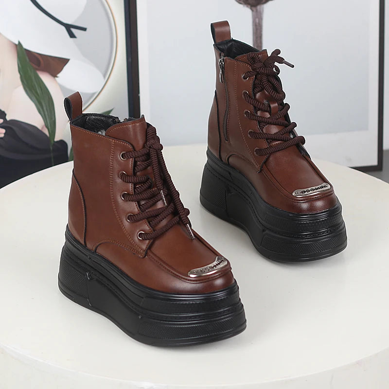 12CM Genuine Leather Winter Autumn Chimney Plush Spring Ankle Booties Fashion ZIP Women Moccasins Platform Wedge Shoes