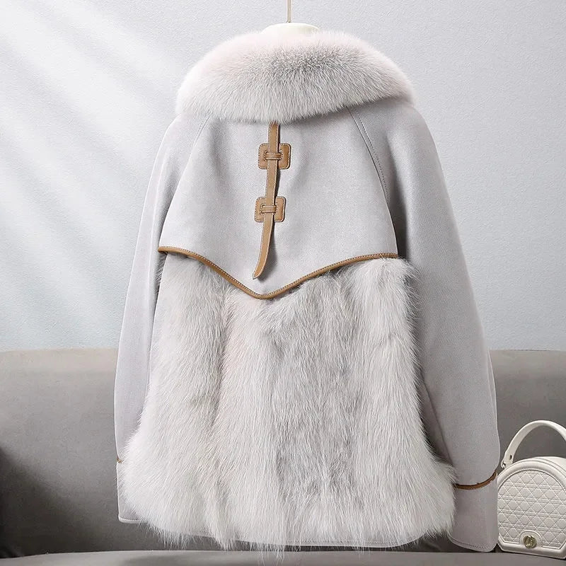 2023 New Autumn Winter with Fur Neighboring Fox Fur Grass Women's Coat Fashion Popular Down Cotton Coat Parker Coat Suede Trend