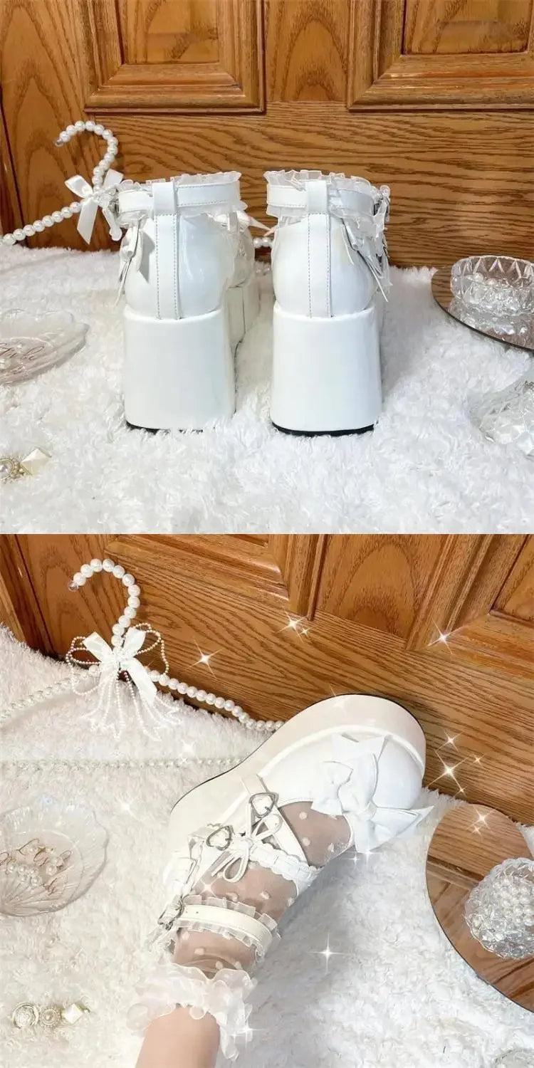 Lace Bowknot White Lolita Shoes for Women 2025 Heart Buckle Platform Mary Janes Woman Japanese Style Patent Leather Jk Shoes