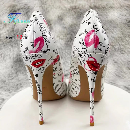 New Fashion White Artistic Graffiti Print Pointed Toe High Heel Shoes 8-12CM Women Sexy Stiletto Party Dress Shoes Plus Size 45