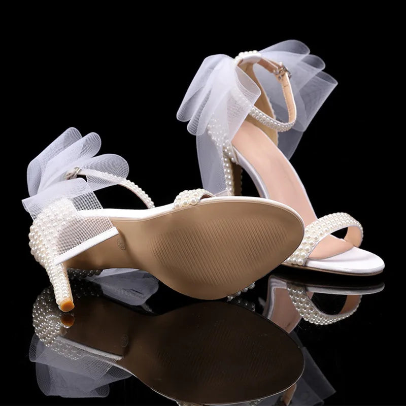 Summer New brand Fashion Bowknot Beading Women Gladiator Sandals Luxury Pearls White thin High heels Wedding Bridal Party Shoes