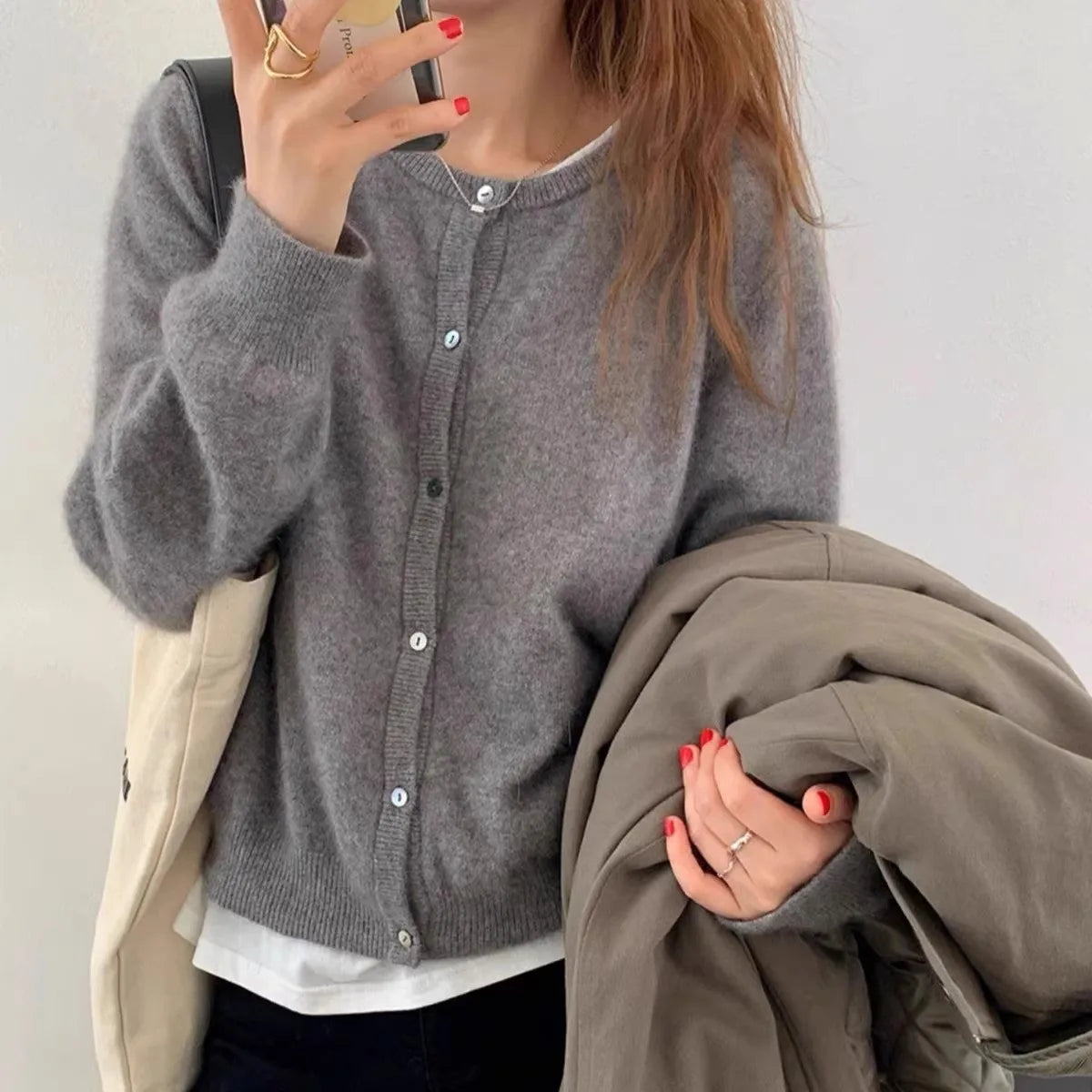 100% pure cashmere cardigan women's new autumn and winter round neck sweater loose Korean knitted sweater short coat