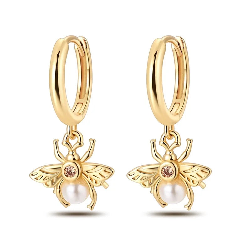 New in 925 Silver Color Gold Pearl Bee Irregularity Star Moon Earrings For Women 2024 Trending Fashion Jewelry Birthday Gifts