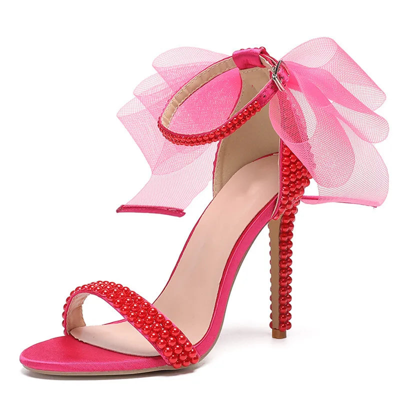 Summer New brand Fashion Bowknot Beading Women Gladiator Sandals Luxury Pearls White thin High heels Wedding Bridal Party Shoes