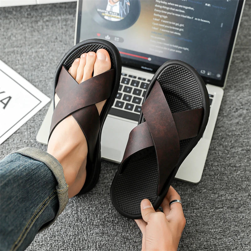 YRZL Men Casual Sandals Lightweight Comfortable PU Leather Summer Slippers Non Slip Outdoor Shoes for Beach Walking Flip Flops