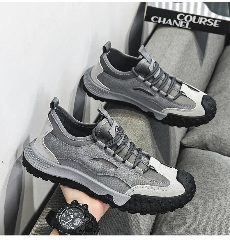 Outdoor Men Hiking Shoes Anti-slip Platform Men Sneakers Retro Leather Jogging Shoes Fashion Wear-resistant Trekking Shoes Male