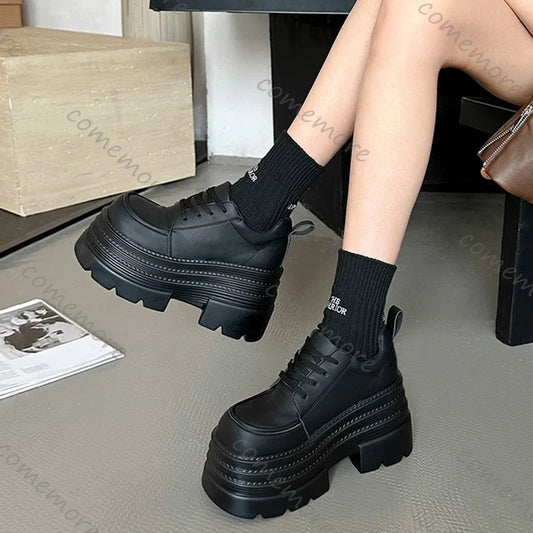 Thick Bottom Fashion Women Pumps Spring Autumn New Height Increase Black Lace Loafers Female High Heels Shoes