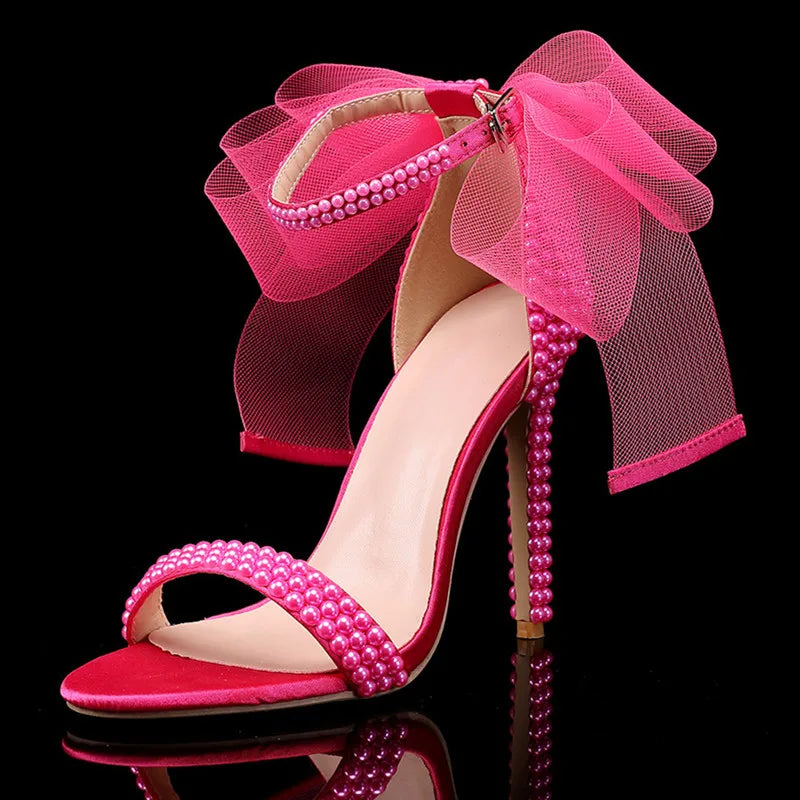 Summer New brand Fashion Bowknot Beading Women Gladiator Sandals Luxury Pearls White thin High heels Wedding Bridal Party Shoes