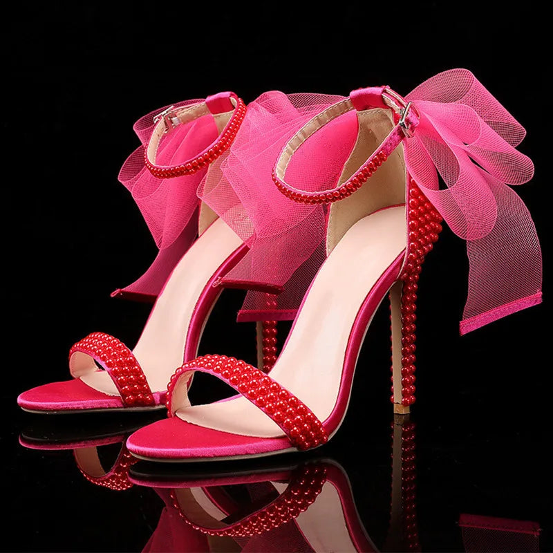 Summer New brand Fashion Bowknot Beading Women Gladiator Sandals Luxury Pearls White thin High heels Wedding Bridal Party Shoes