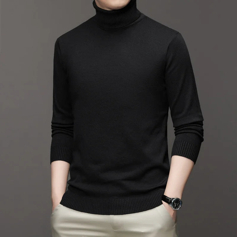 Autumn Mens High Quality Knitted Turtleneck Sweater Slim Fit Long Sleeve Anti-pilling Pullover Solid Color Trend Men Streetwea