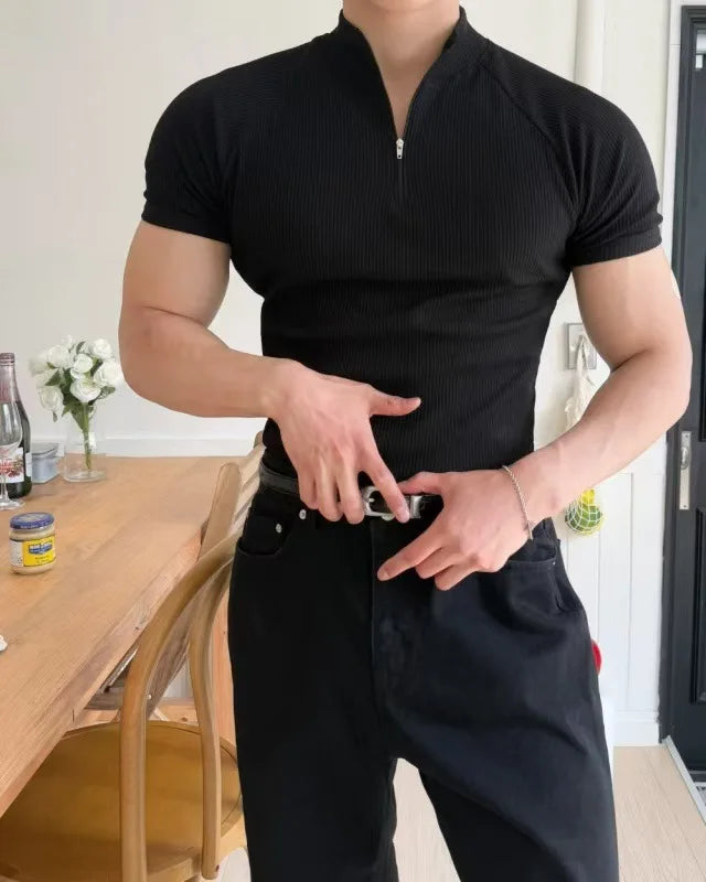 Summer New Men's Sportswear Casual Running And Fitness Stretch Solid Color Zipper Simple Striped Thick Short-sleeved T-shirt