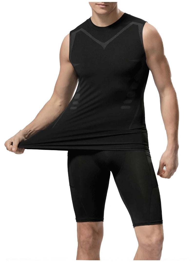 Men's sci-fi printed black vest, fashionable and casual men's quick drying T-shirt, sports and fitness round neck elastic vest