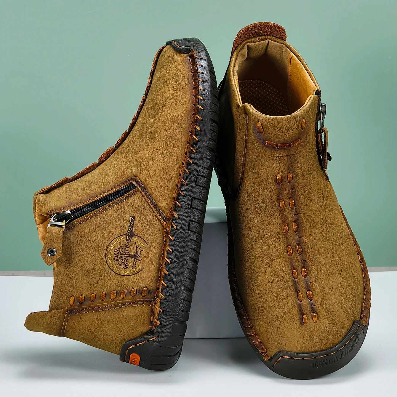 New Classic Handmade Leather Men Shoes Zipper Design Outdoor Sneakers Slip On Casual Shoes Leather Breathable Men Ankle Boots
