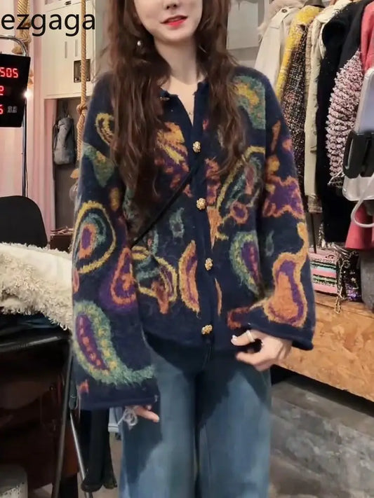 Ezgaga Knitted Cardigan Women Vintage Flowers Autumn Winter O Neck Loose Fashion Elegant Sweater Outwear Female Casual Tops