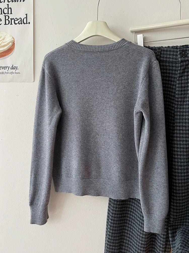 Autumn Winter 2025 New Women's Retro Love Small Gold Buckle Cardigan Female Casual Solid Long Sleeve Slim Knitted Sweater