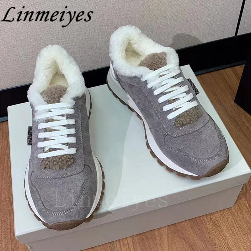 Casual Fur Sneakers Women Outdoors Run Shoes Round Toe Lace Up String Bead Flat Shoes Female Winter Wool Warm Sports Shoes Woman