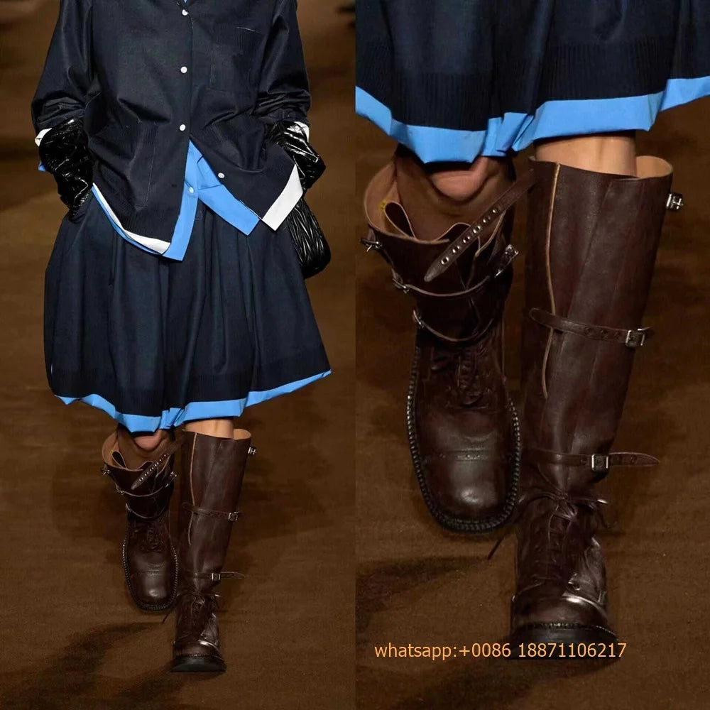Genuine Leather Ladies Knight Boots 2025 Autumn Belt Buckle Model Catwalk Casual Long Boots Black/brown Thick Heel Casual Boots