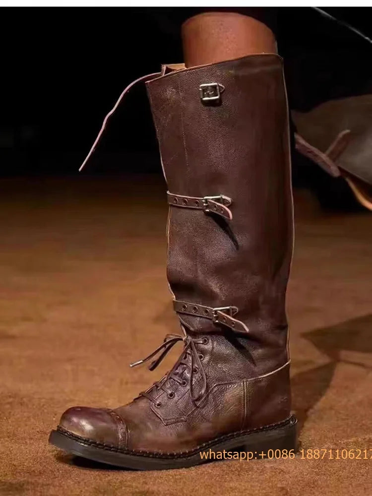 Genuine Leather Ladies Knight Boots 2025 Autumn Belt Buckle Model Catwalk Casual Long Boots Black/brown Thick Heel Casual Boots