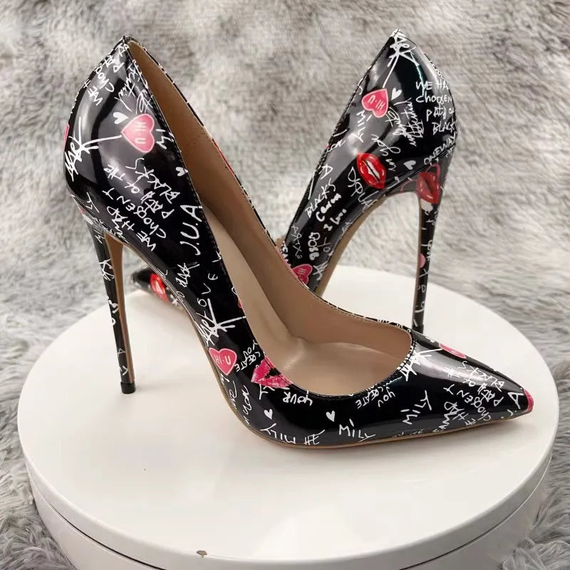 New Fashion White Artistic Graffiti Print Pointed Toe High Heel Shoes 8-12CM Women Sexy Stiletto Party Dress Shoes Plus Size 45