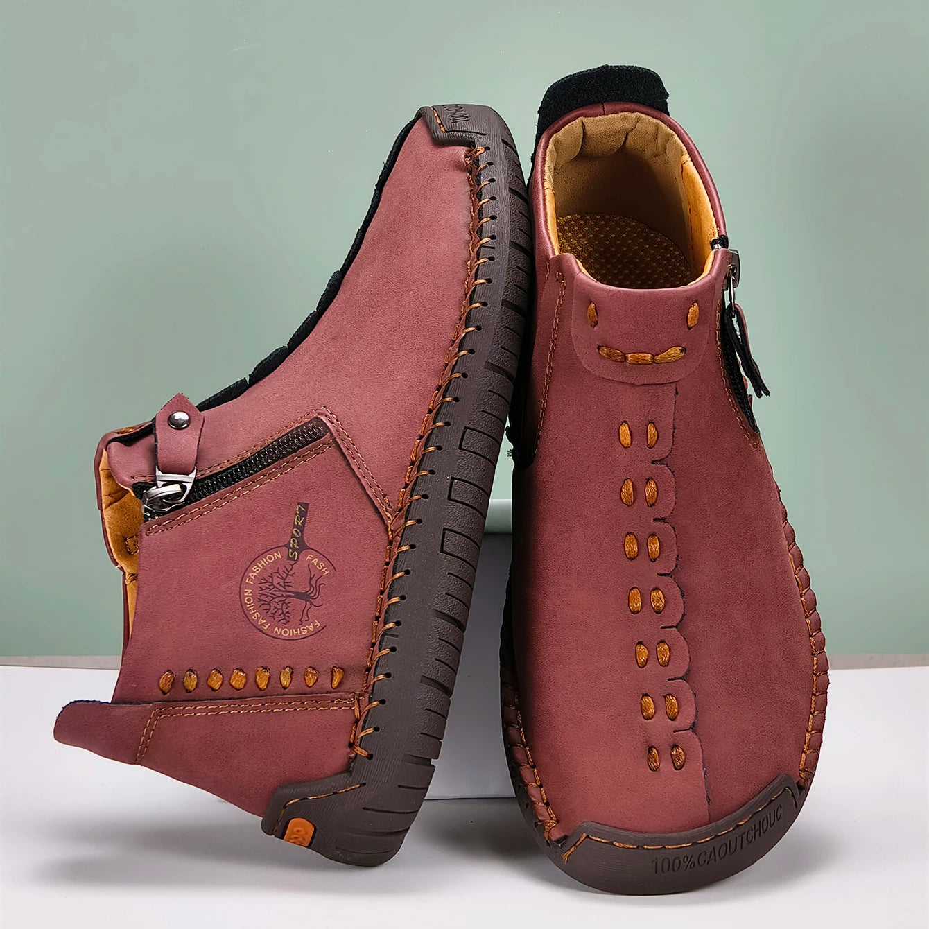New Classic Handmade Leather Men Shoes Zipper Design Outdoor Sneakers Slip On Casual Shoes Leather Breathable Men Ankle Boots