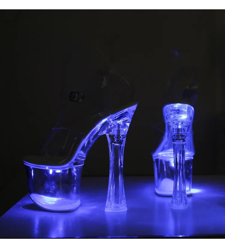 17.5CM Extreme High Heels Glowing Platform Clear Heels Nightclub Sandals For Women Transparent PVC Fashion Model Catwalk Shoes