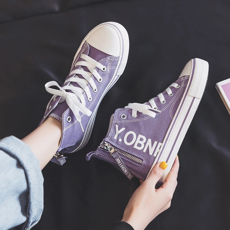 Fashion Purple Womens Canvas Shoes Spring and Autumn High Top Woman Shoes Zipper Breathable Canvas Sneakers Women Vulcanize Shoe