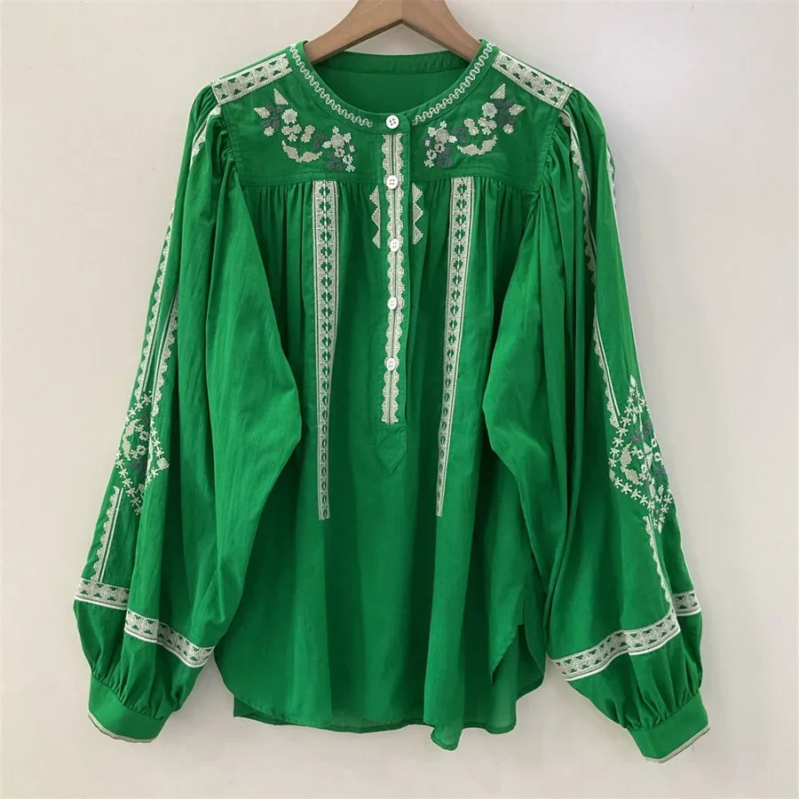 Women White Green Black Shirt Embroidery 100% Cotton Vintage Long Lantern Sleeve Front Buttons Lady O-neck Blouse 2025 Spring
