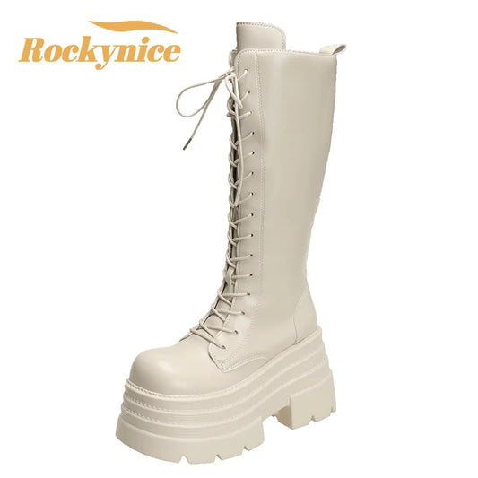 New Women's Roman Long Boots Autumn Winter Knee-high Leather Punk Shoes Chunky Platform Casual Knight Boots Botas Mujer 10CM