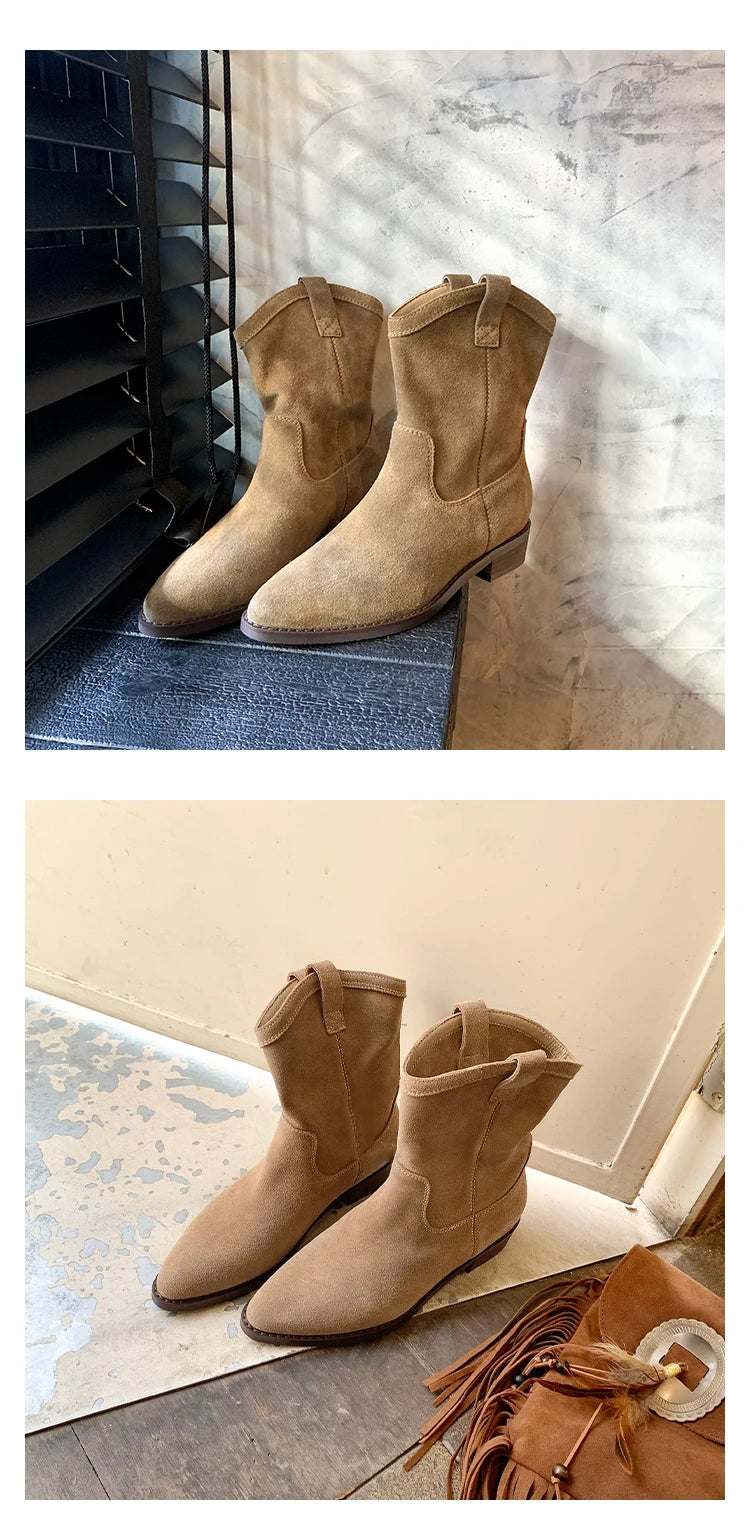 Genuine Leather Western Cowboy Boots Women's  Boots arp Toe Chunky Heel Autumn Winter Knight Sle Faion Boots