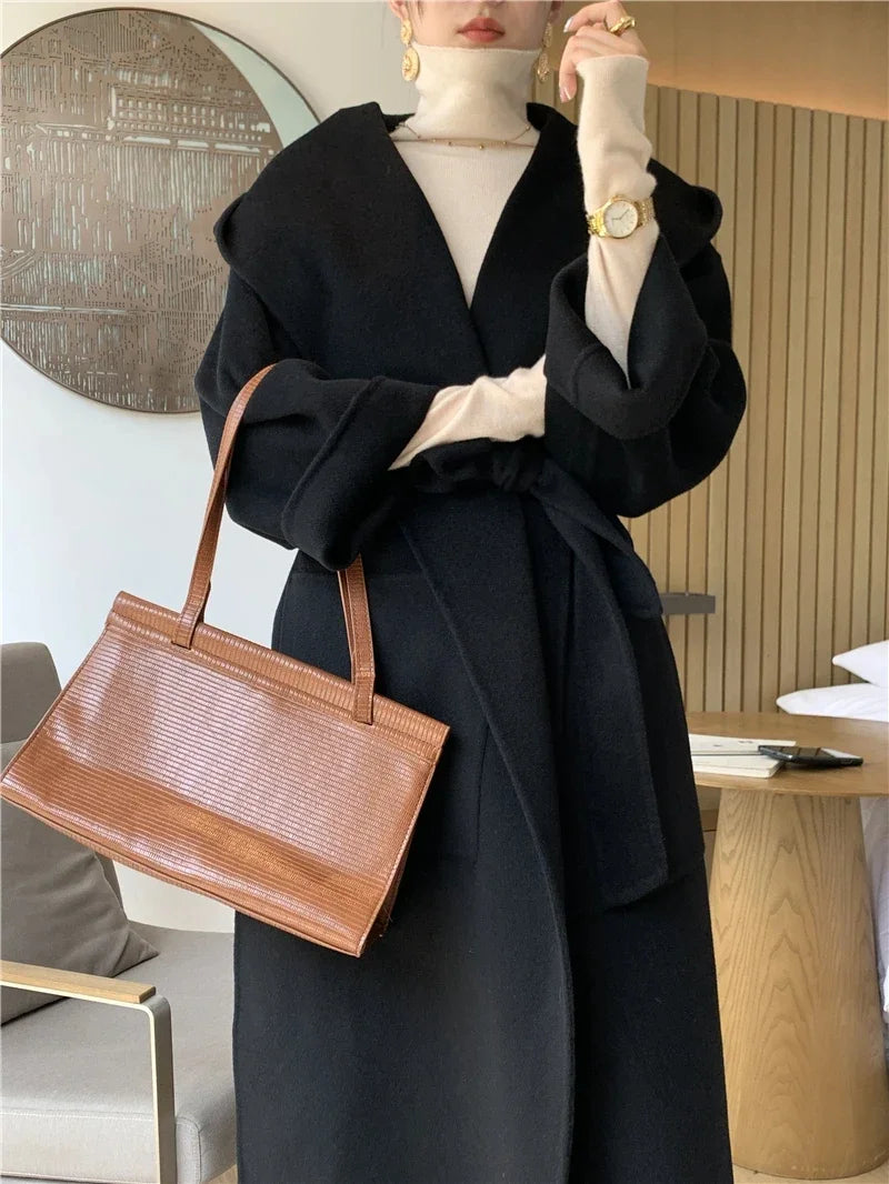 2024 Mid-Length Autumn and Winter Hooded Double Sided Cotton Cashmere Coat Female 100% Wool Loose Thick Woolen Coat