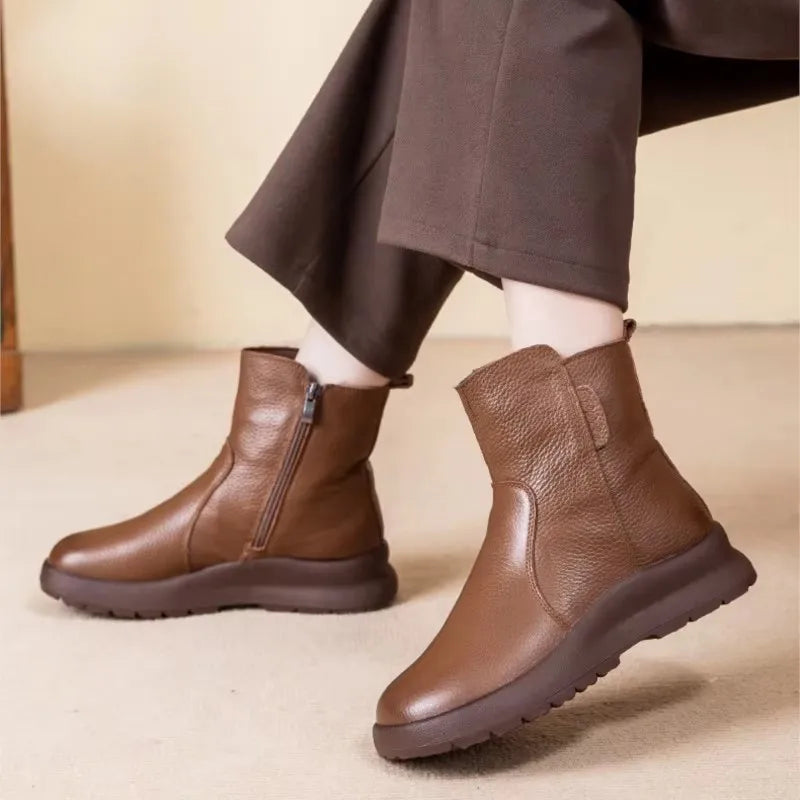 GKTINOO 2025 Winter New Genuine Leather Side Zipper Flat Bottom Women's Short Boots Soft Sole Plush Warm Cotton Shoes