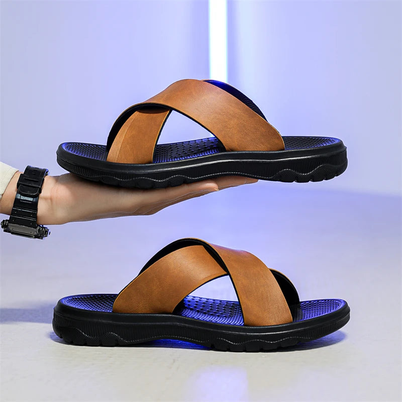 YRZL Men Casual Sandals Lightweight Comfortable PU Leather Summer Slippers Non Slip Outdoor Shoes for Beach Walking Flip Flops