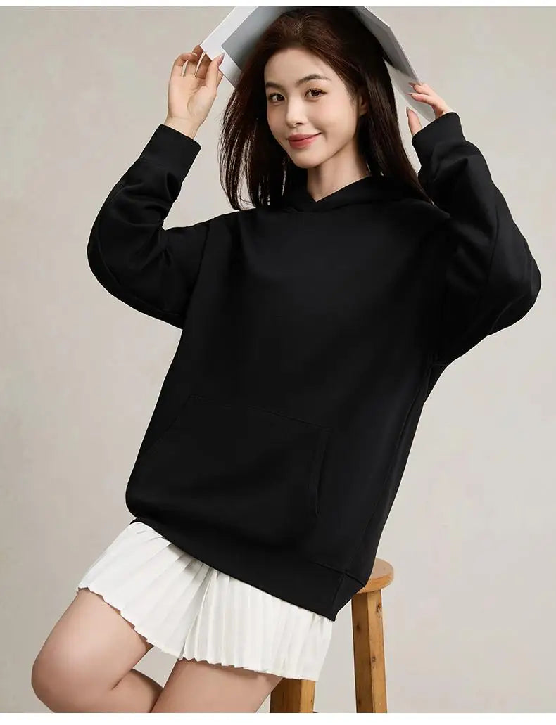 750g Terry Hooded Sweatshirt Autumn Winter Style Drop Shoulder Loose Trendy Pullover Hoodie Casual Solid Color Jacket Unisex