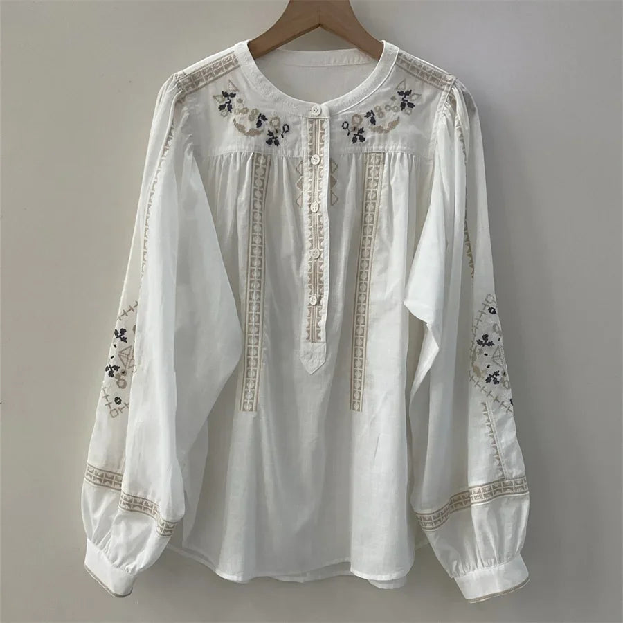 Women White Green Black Shirt Embroidery 100% Cotton Vintage Long Lantern Sleeve Front Buttons Lady O-neck Blouse 2025 Spring