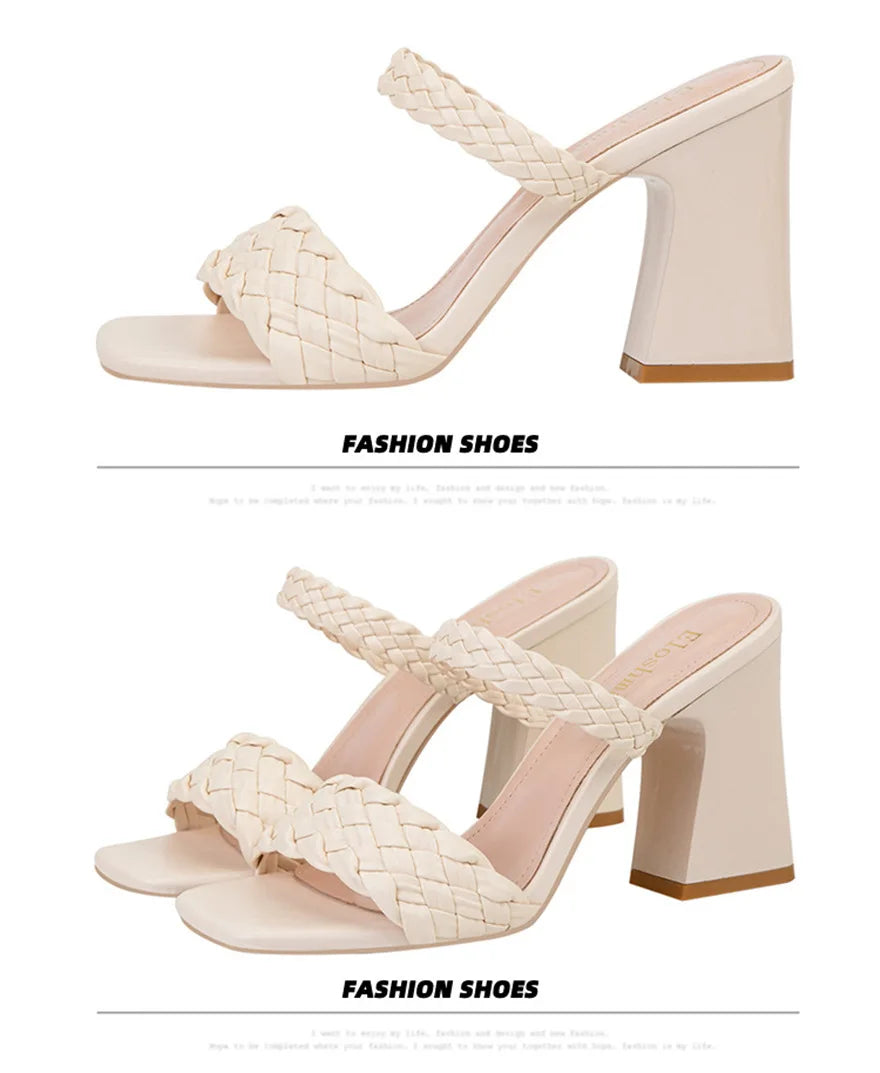 Fashion Weave Thick Heel Women's Slippers Square Toe Summer Casual Ladies Slides Red Orange Shoes Slip On Beach Sexy Pumps Woman