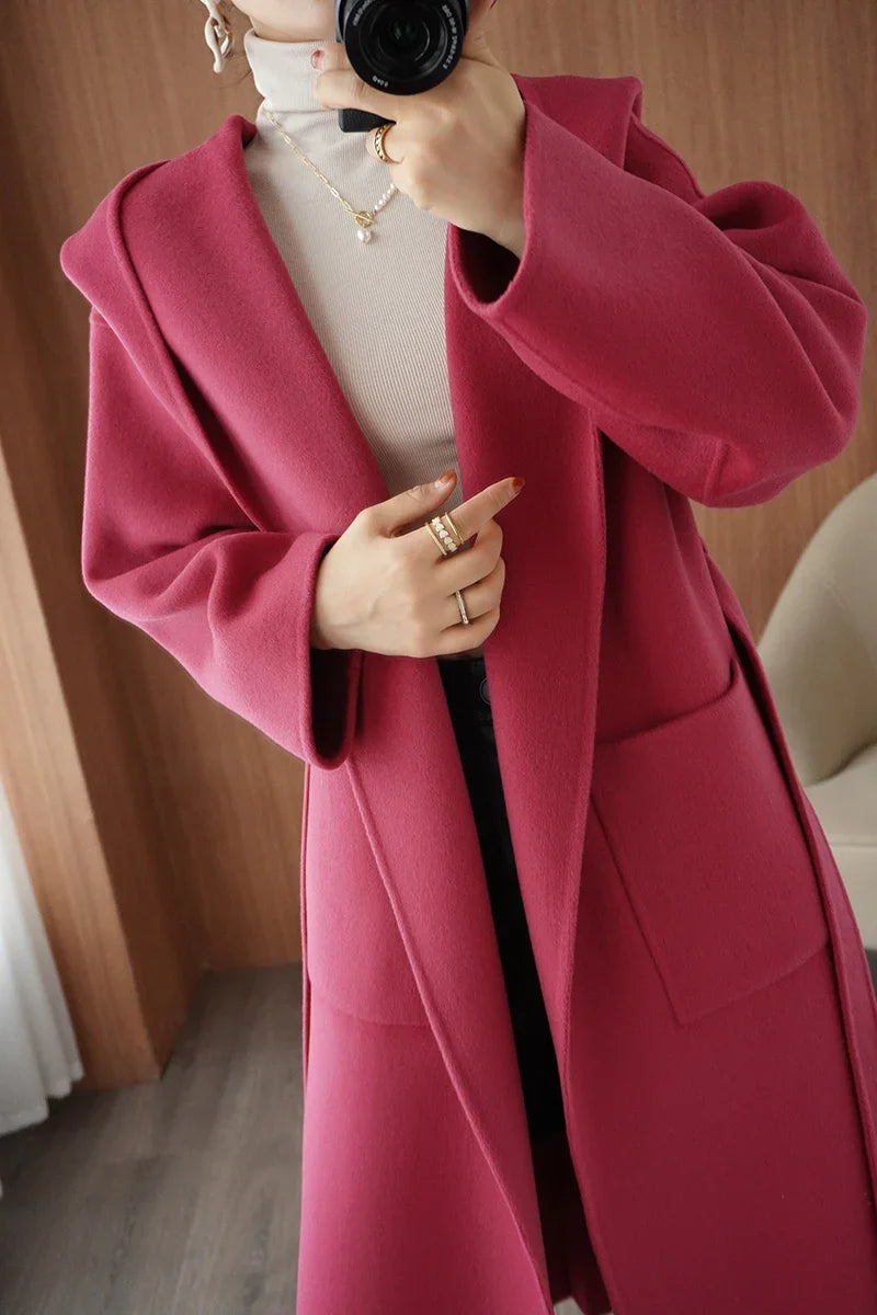 2024 Mid-Length Autumn and Winter Hooded Double Sided Cotton Cashmere Coat Female 100% Wool Loose Thick Woolen Coat