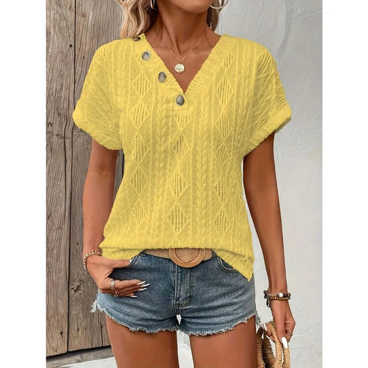 Plus Size Women Summer T-shirt Solid Color V Neck Short Sleeves Casual Fashion Comfortable Regular Standard Fit T-shirt ﻿
