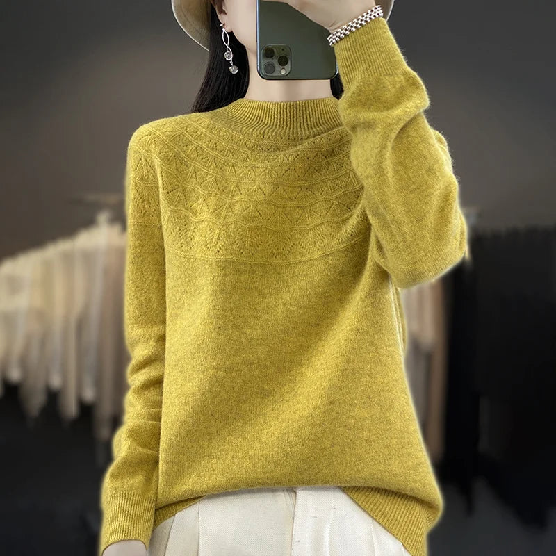 2024 New Line Of Garment Hollowed Out Half Height Women's High-grade Woolen Sweater 100% Pure Wool Multi-color Option WQ