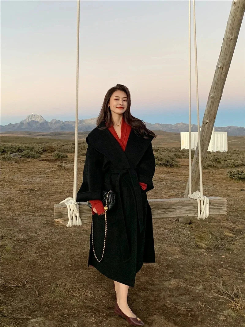 2024 Mid-Length Autumn and Winter Hooded Double Sided Cotton Cashmere Coat Female 100% Wool Loose Thick Woolen Coat